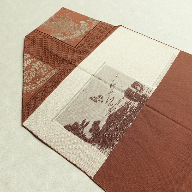 名古屋帯 六通柄 正絹 風景柄 松葉仕立て 帯 茶_画像16