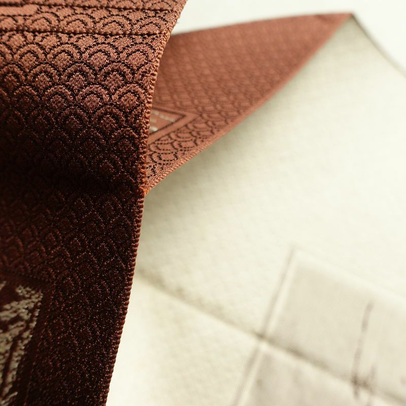 名古屋帯 六通柄 正絹 風景柄 松葉仕立て 帯 茶_画像17