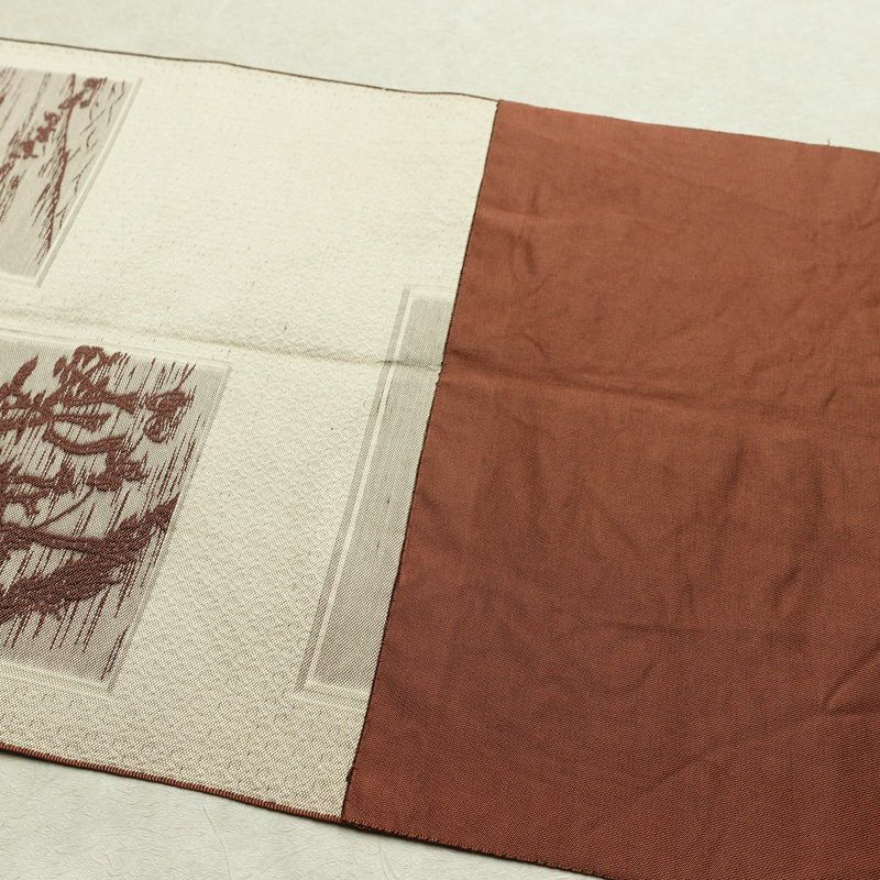 名古屋帯 六通柄 正絹 風景柄 松葉仕立て 帯 茶_画像18