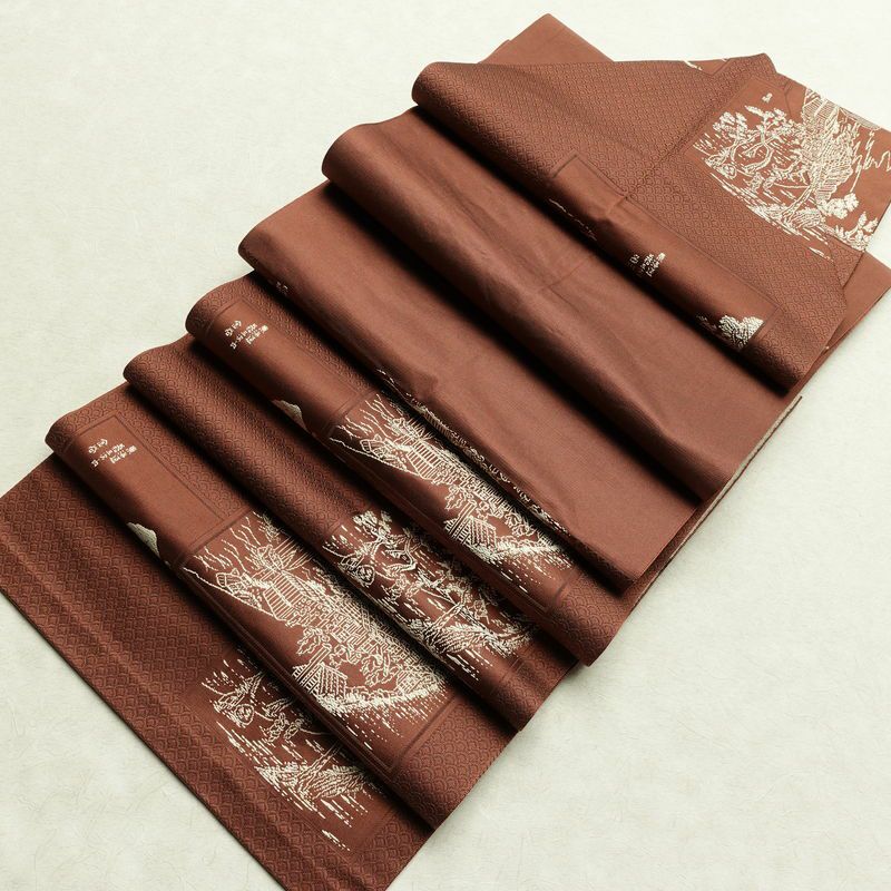 名古屋帯 六通柄 正絹 風景柄 松葉仕立て 帯 茶_画像20