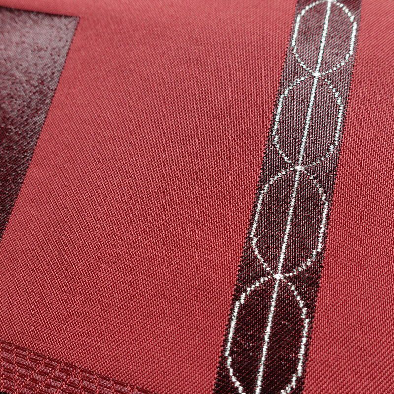 名古屋帯 六通柄 良品 正絹 幾何学柄・抽象柄 名古屋仕立て 一部しつけ糸付き 銀糸 帯 ピンク_画像5