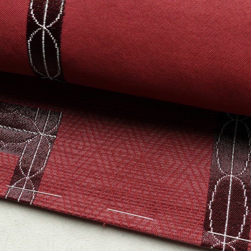 名古屋帯 六通柄 良品 正絹 幾何学柄・抽象柄 名古屋仕立て 一部しつけ糸付き 銀糸 帯 ピンク_画像7