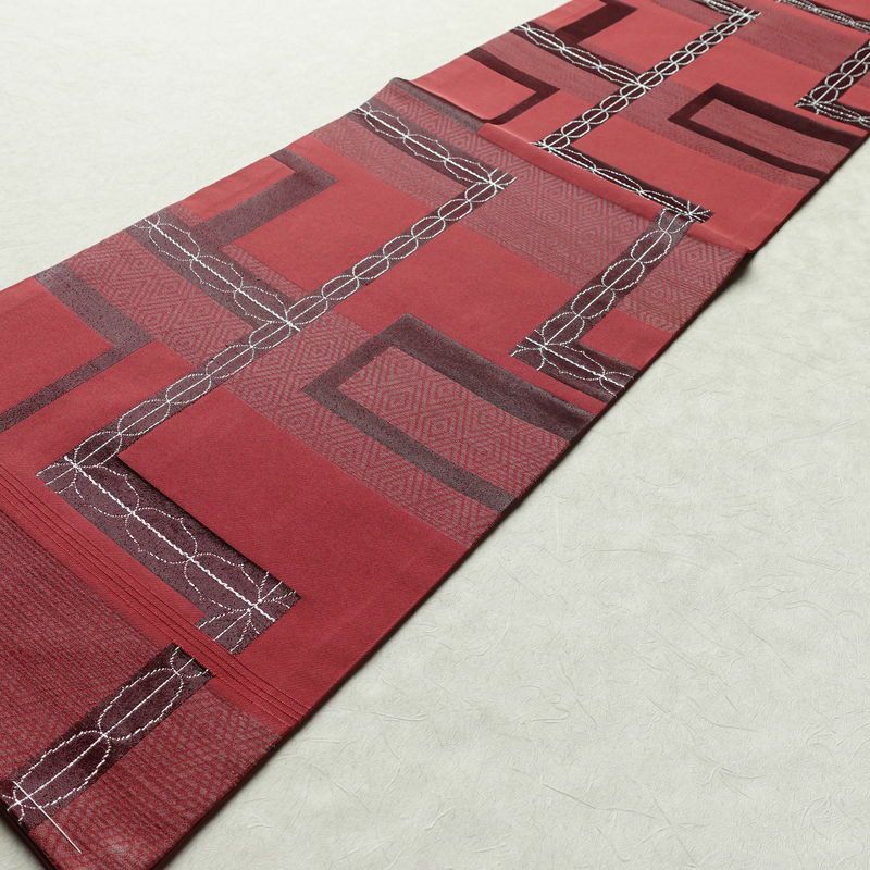 名古屋帯 六通柄 良品 正絹 幾何学柄・抽象柄 名古屋仕立て 一部しつけ糸付き 銀糸 帯 ピンク_画像8