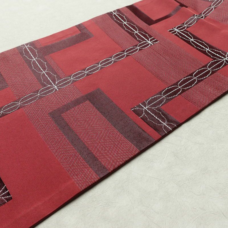 名古屋帯 六通柄 良品 正絹 幾何学柄・抽象柄 名古屋仕立て 一部しつけ糸付き 銀糸 帯 ピンク_画像10