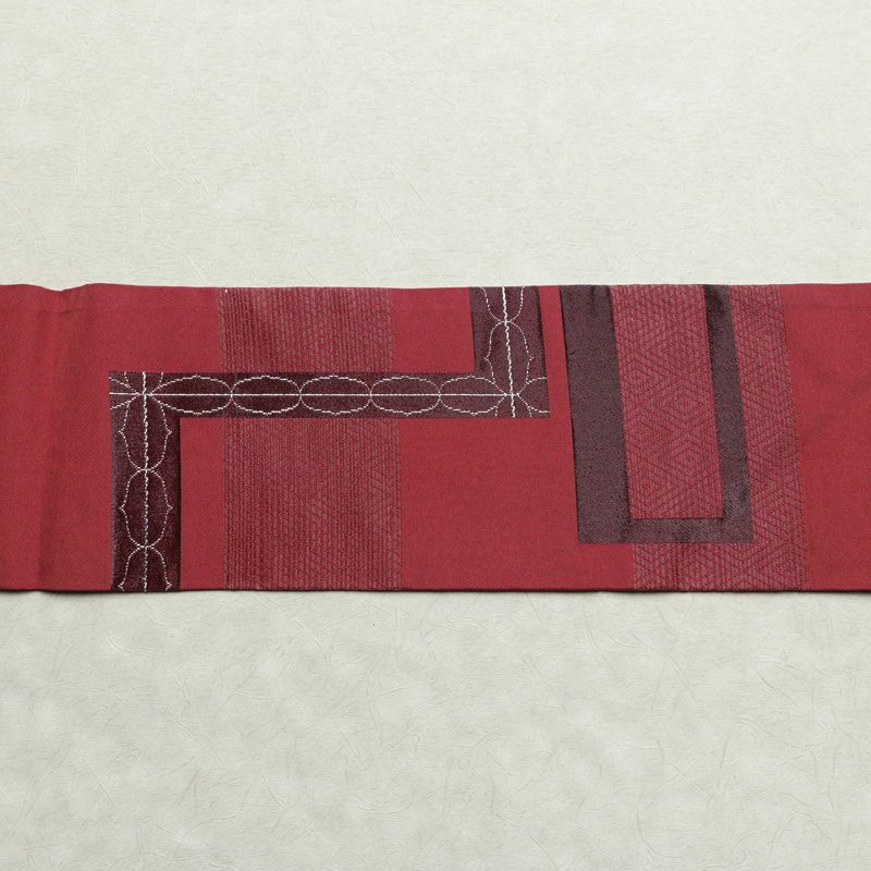 名古屋帯 六通柄 良品 正絹 幾何学柄・抽象柄 名古屋仕立て 一部しつけ糸付き 銀糸 帯 ピンク_画像12