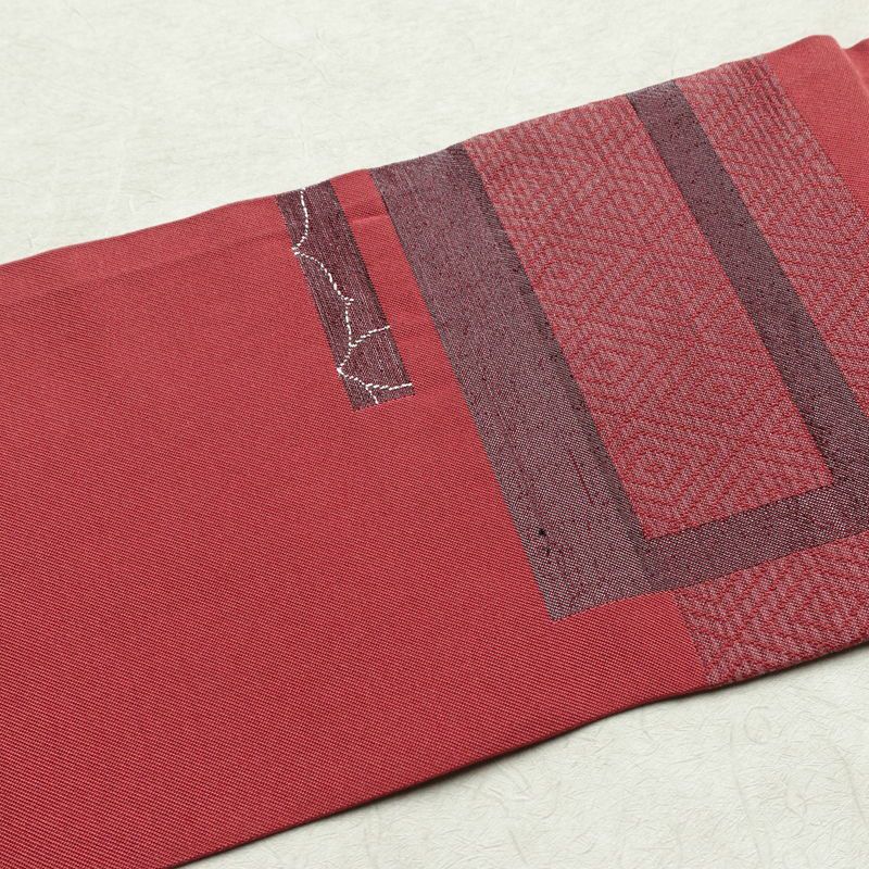 名古屋帯 六通柄 良品 正絹 幾何学柄・抽象柄 名古屋仕立て 一部しつけ糸付き 銀糸 帯 ピンク_画像13