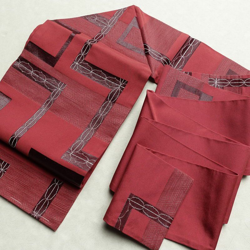 名古屋帯 六通柄 良品 正絹 幾何学柄・抽象柄 名古屋仕立て 一部しつけ糸付き 銀糸 帯 ピンク_画像15