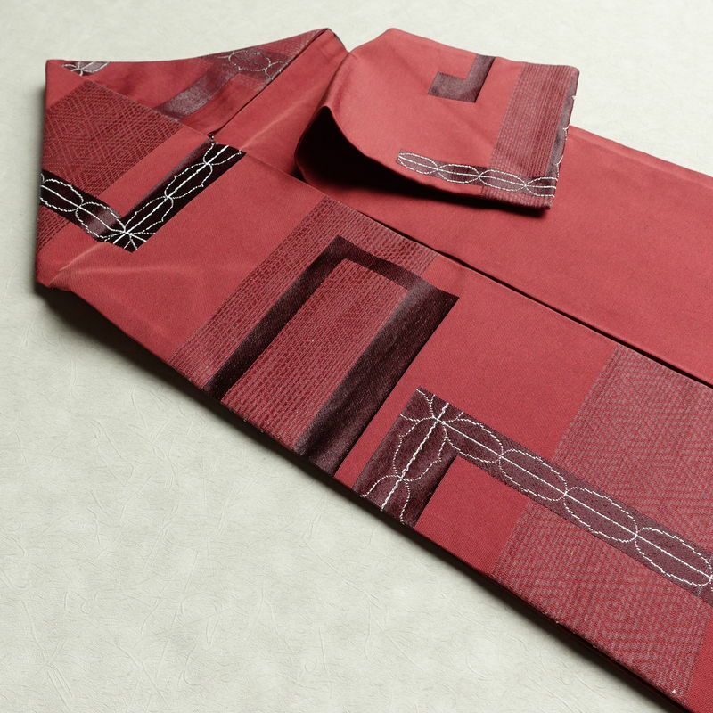 名古屋帯 六通柄 良品 正絹 幾何学柄・抽象柄 名古屋仕立て 一部しつけ糸付き 銀糸 帯 ピンク_画像21