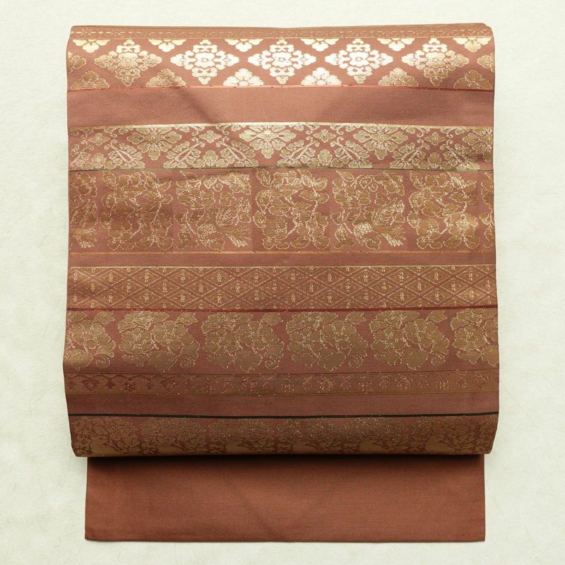 名古屋帯 太鼓柄 良品 正絹 幾何学柄・抽象柄 名古屋仕立て 箔 帯 茶_画像1