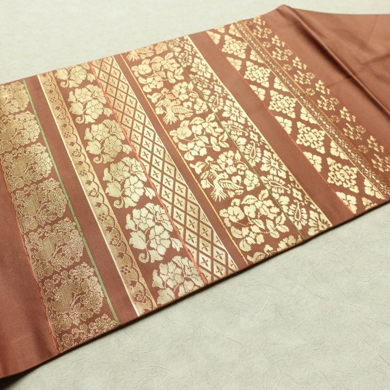 名古屋帯 太鼓柄 良品 正絹 幾何学柄・抽象柄 名古屋仕立て 箔 帯 茶_画像10