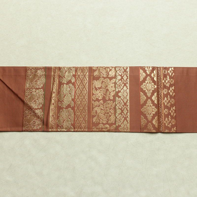 名古屋帯 太鼓柄 良品 正絹 幾何学柄・抽象柄 名古屋仕立て 箔 帯 茶_画像12