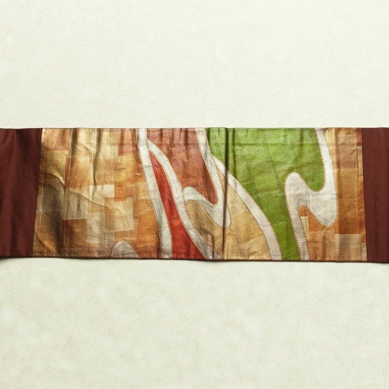 名古屋帯 太鼓柄 正絹 古典柄 名古屋仕立て 箔 帯 茶_画像12