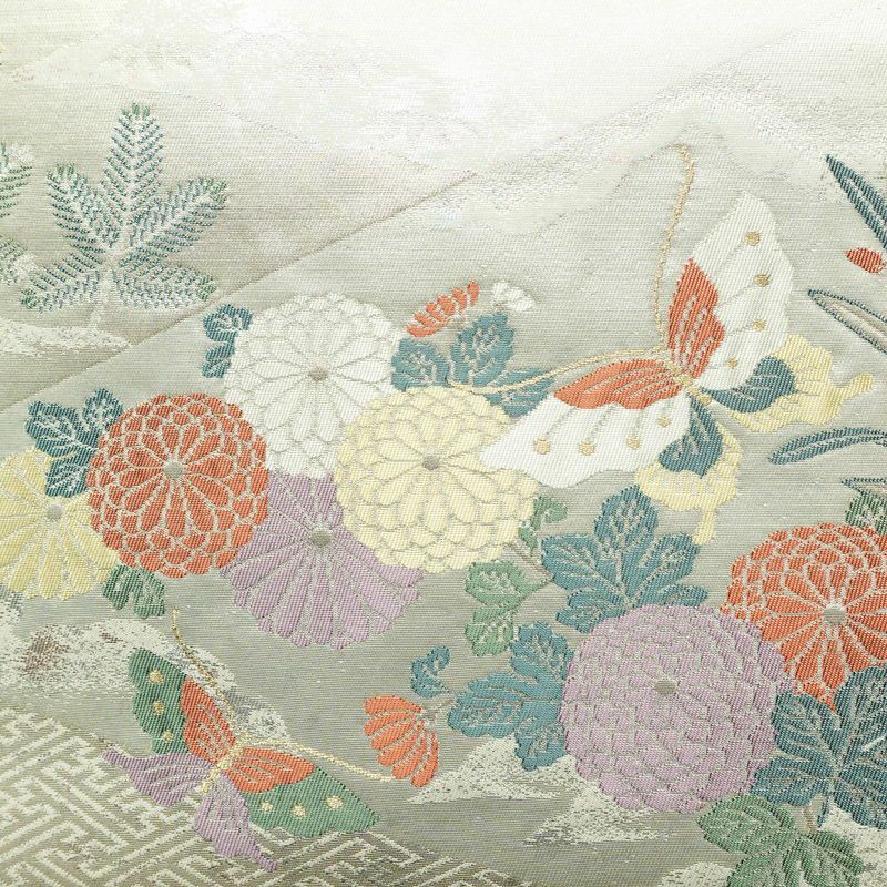 名古屋帯 小袖金彩錦 太鼓柄 良品 正絹 花柄 名古屋仕立て 蝶 箔 帯 白_画像2