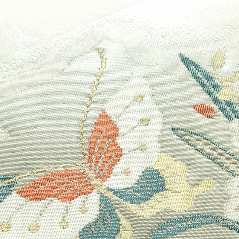 名古屋帯 小袖金彩錦 太鼓柄 良品 正絹 花柄 名古屋仕立て 蝶 箔 帯 白_画像4