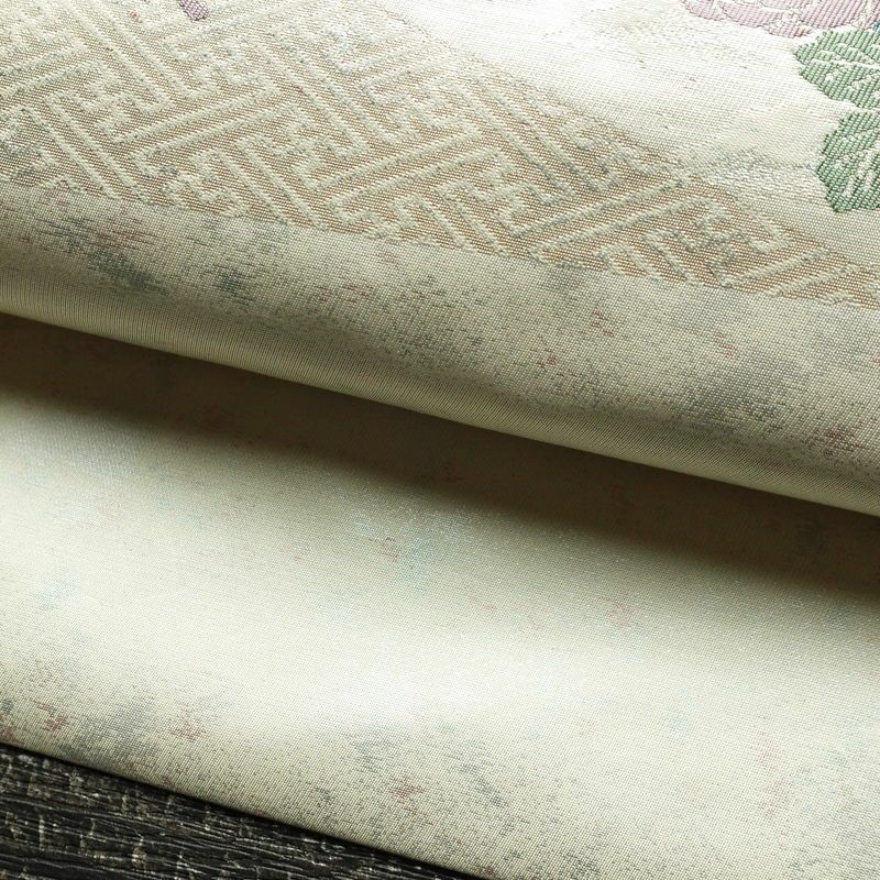 名古屋帯 小袖金彩錦 太鼓柄 良品 正絹 花柄 名古屋仕立て 蝶 箔 帯 白_画像8