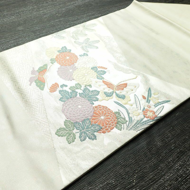 名古屋帯 小袖金彩錦 太鼓柄 良品 正絹 花柄 名古屋仕立て 蝶 箔 帯 白_画像11