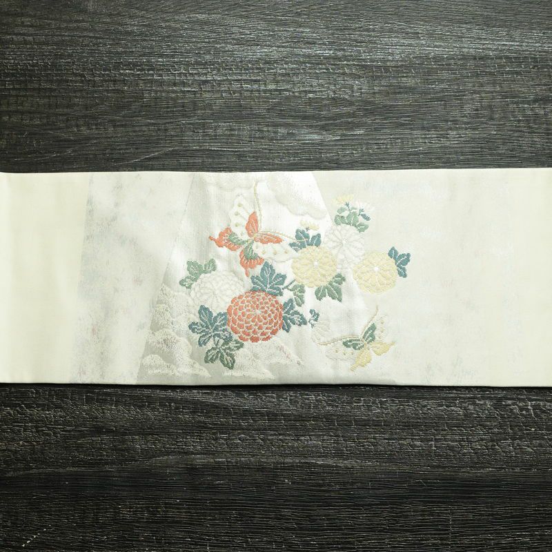 名古屋帯 小袖金彩錦 太鼓柄 良品 正絹 花柄 名古屋仕立て 蝶 箔 帯 白_画像13