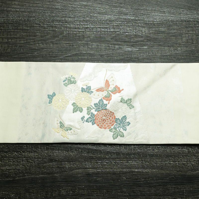 名古屋帯 小袖金彩錦 太鼓柄 良品 正絹 花柄 名古屋仕立て 蝶 箔 帯 白_画像14