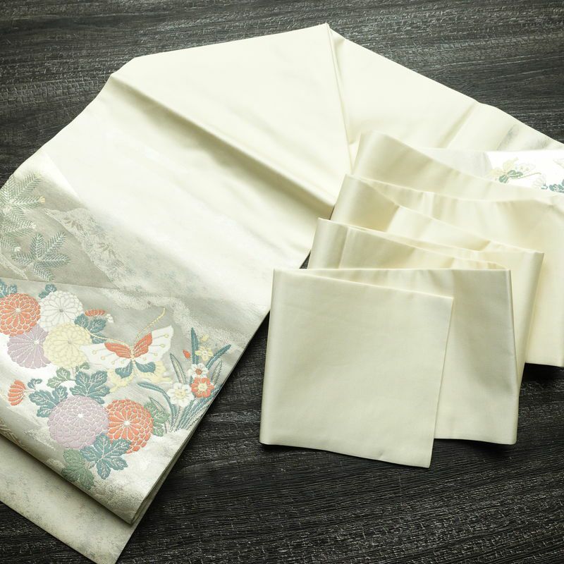 名古屋帯 小袖金彩錦 太鼓柄 良品 正絹 花柄 名古屋仕立て 蝶 箔 帯 白_画像17