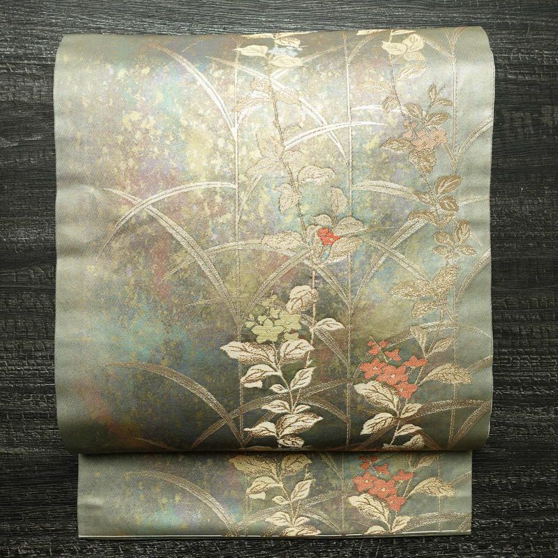 名古屋帯 太鼓柄 良品 正絹 木の葉・植物柄 名古屋仕立て 箔 帯 緑・うぐいす色_画像1