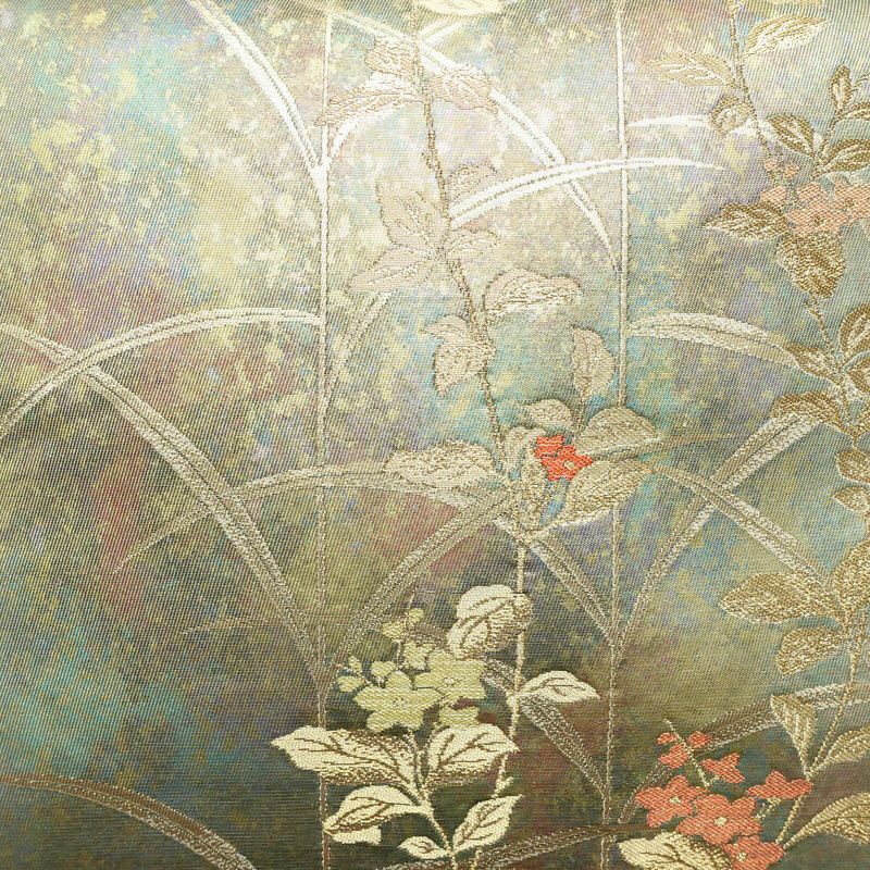 名古屋帯 太鼓柄 良品 正絹 木の葉・植物柄 名古屋仕立て 箔 帯 緑・うぐいす色_画像2