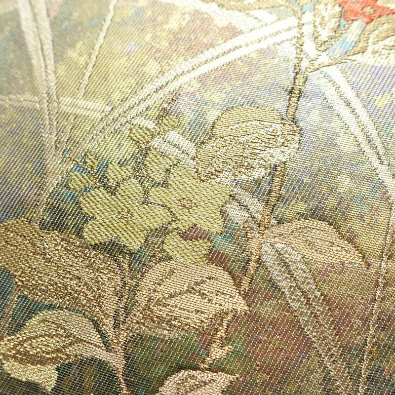 名古屋帯 太鼓柄 良品 正絹 木の葉・植物柄 名古屋仕立て 箔 帯 緑・うぐいす色_画像3