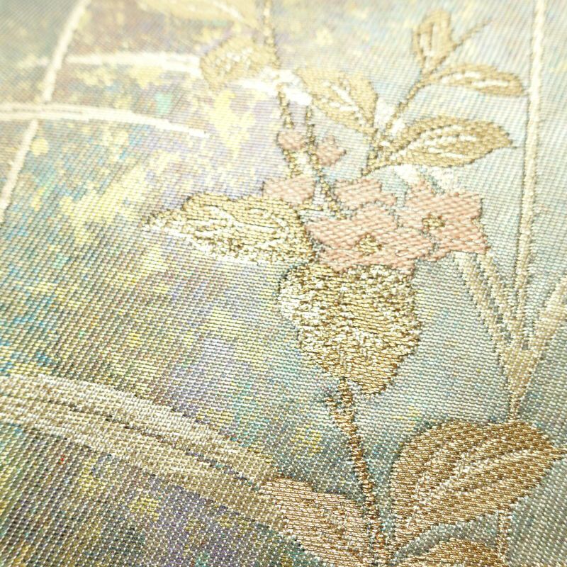 名古屋帯 太鼓柄 良品 正絹 木の葉・植物柄 名古屋仕立て 箔 帯 緑・うぐいす色_画像5
