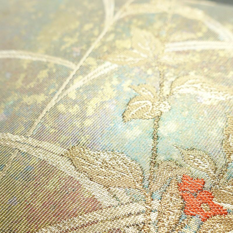 名古屋帯 太鼓柄 良品 正絹 木の葉・植物柄 名古屋仕立て 箔 帯 緑・うぐいす色_画像6