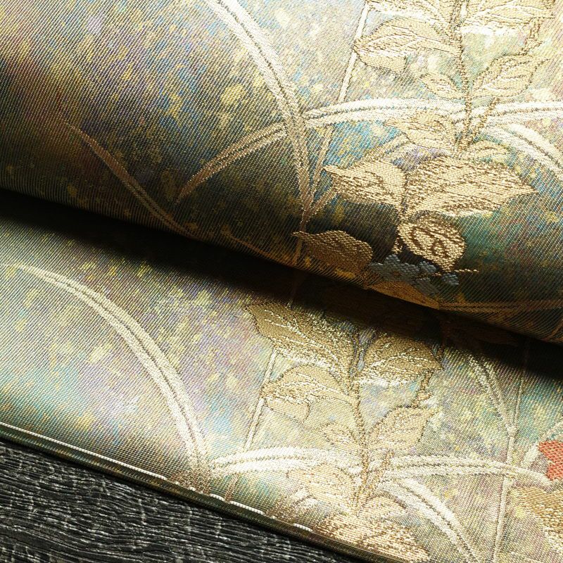 名古屋帯 太鼓柄 良品 正絹 木の葉・植物柄 名古屋仕立て 箔 帯 緑・うぐいす色_画像7