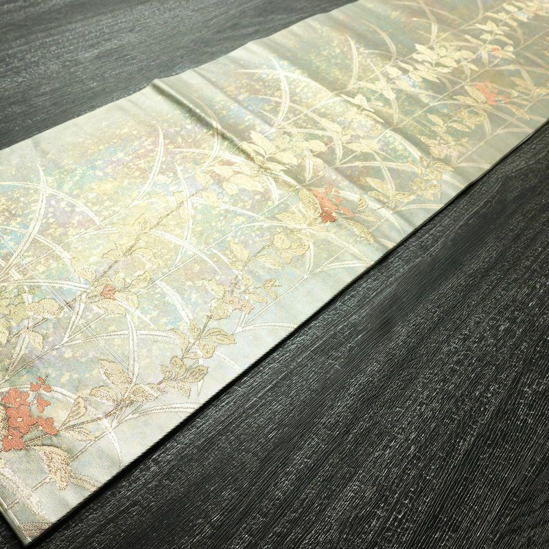 名古屋帯 太鼓柄 良品 正絹 木の葉・植物柄 名古屋仕立て 箔 帯 緑・うぐいす色_画像8