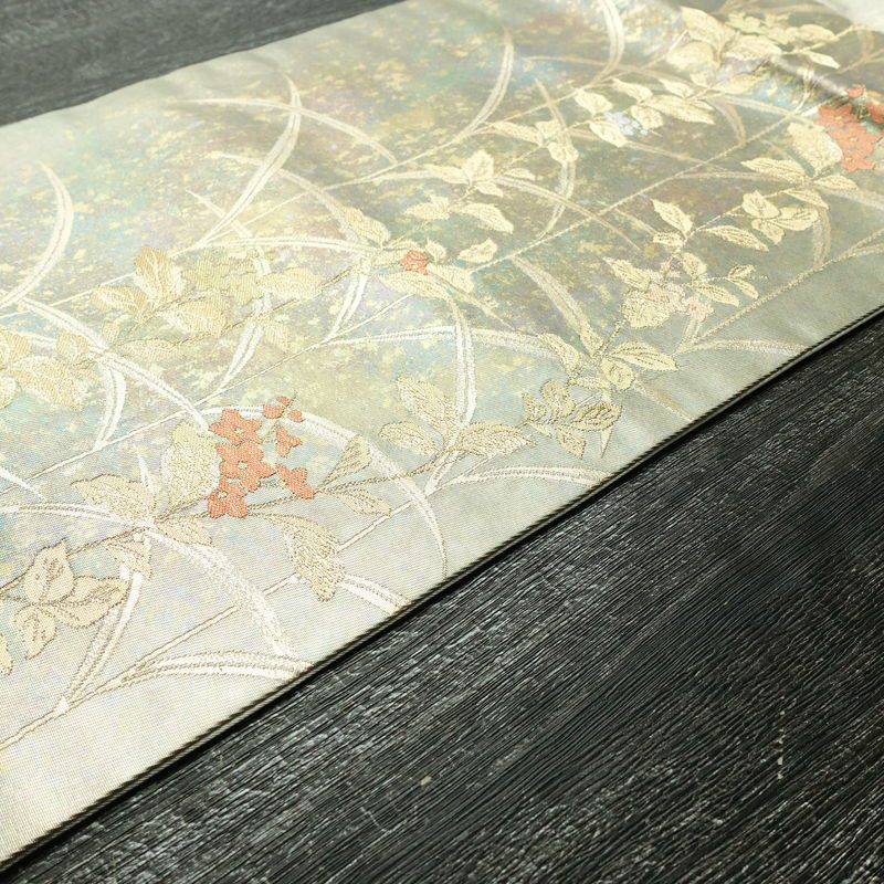 名古屋帯 太鼓柄 良品 正絹 木の葉・植物柄 名古屋仕立て 箔 帯 緑・うぐいす色_画像10