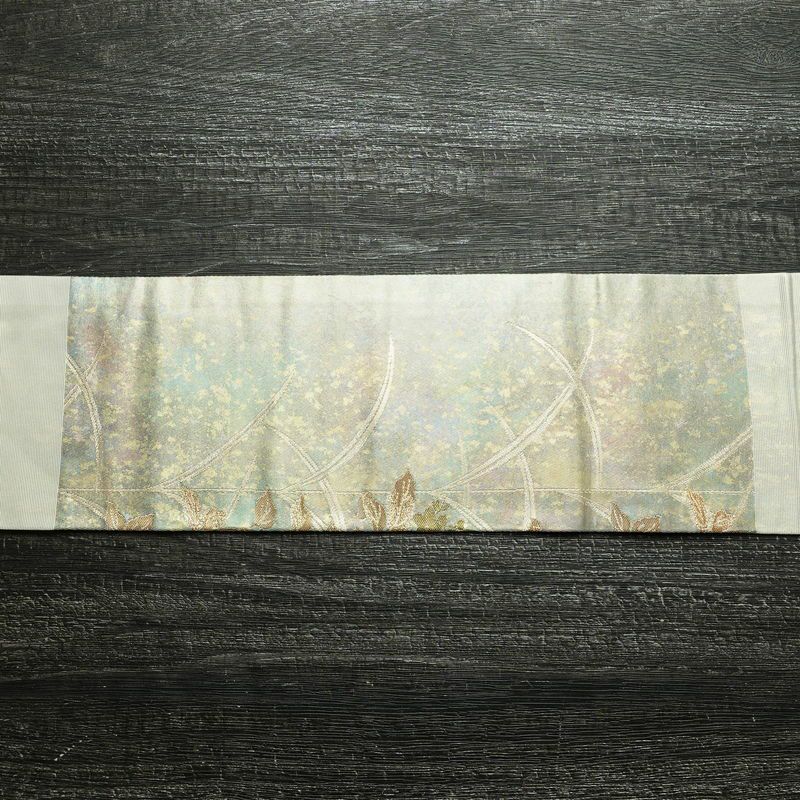 名古屋帯 太鼓柄 良品 正絹 木の葉・植物柄 名古屋仕立て 箔 帯 緑・うぐいす色_画像12