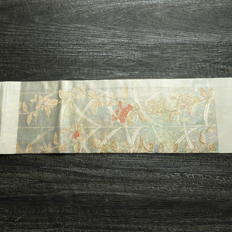 名古屋帯 太鼓柄 良品 正絹 木の葉・植物柄 名古屋仕立て 箔 帯 緑・うぐいす色_画像13