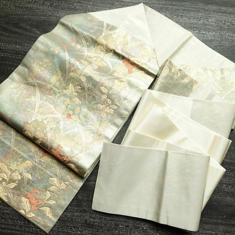 名古屋帯 太鼓柄 良品 正絹 木の葉・植物柄 名古屋仕立て 箔 帯 緑・うぐいす色_画像17