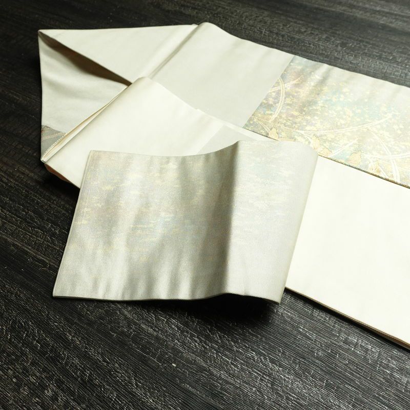 名古屋帯 太鼓柄 良品 正絹 木の葉・植物柄 名古屋仕立て 箔 帯 緑・うぐいす色_画像21