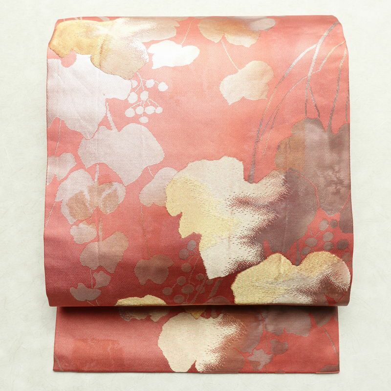 名古屋帯 六通柄 正絹 木の葉・植物柄 名古屋仕立て 箔 帯 ピンク_画像1