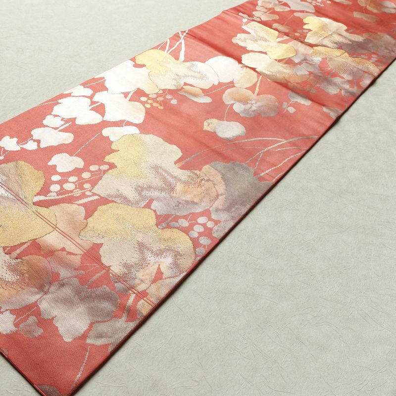 名古屋帯 六通柄 正絹 木の葉・植物柄 名古屋仕立て 箔 帯 ピンク_画像10