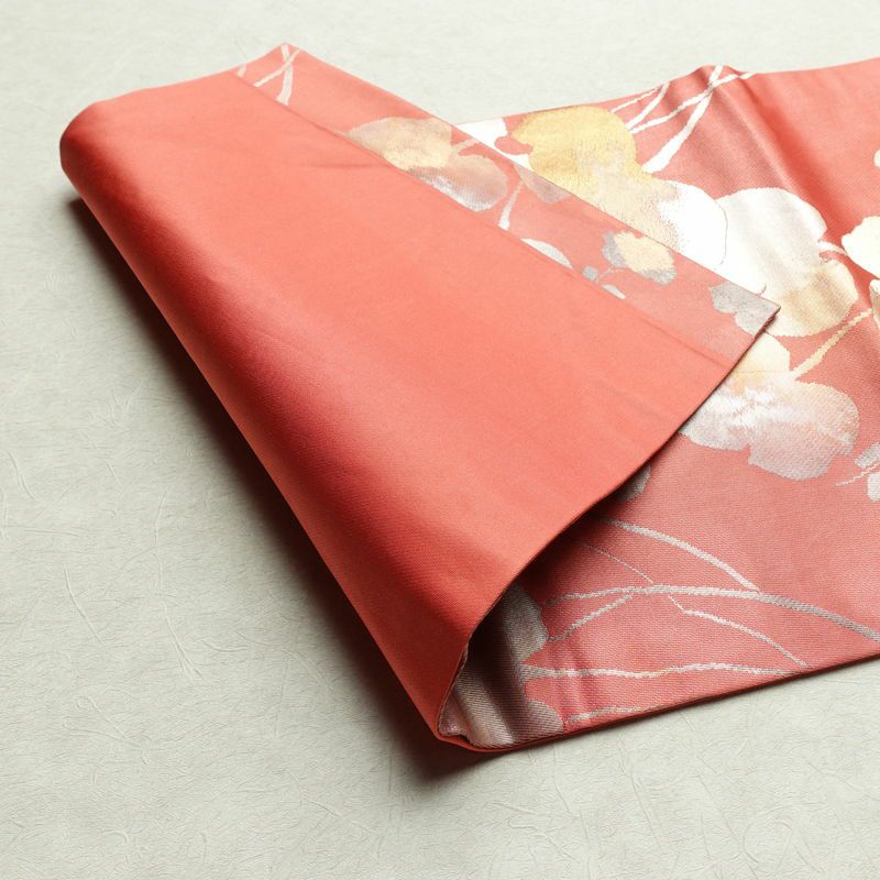 名古屋帯 六通柄 正絹 木の葉・植物柄 名古屋仕立て 箔 帯 ピンク_画像11