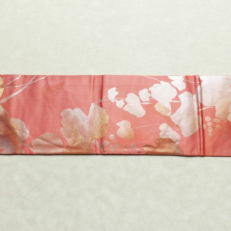 名古屋帯 六通柄 正絹 木の葉・植物柄 名古屋仕立て 箔 帯 ピンク_画像13