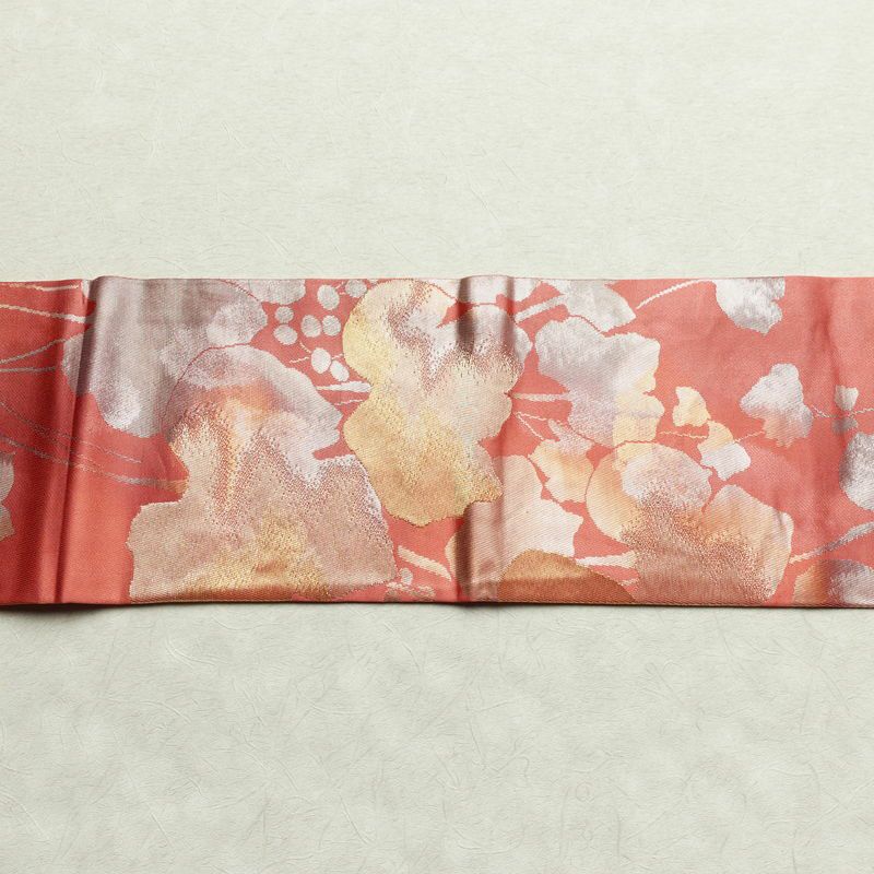 名古屋帯 六通柄 正絹 木の葉・植物柄 名古屋仕立て 箔 帯 ピンク_画像14