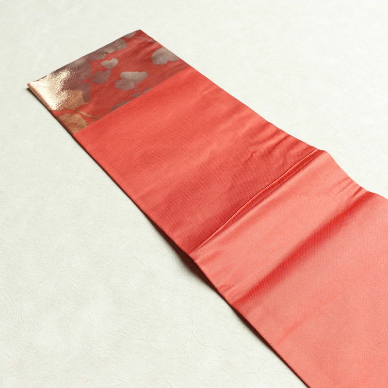 名古屋帯 六通柄 正絹 木の葉・植物柄 名古屋仕立て 箔 帯 ピンク_画像16