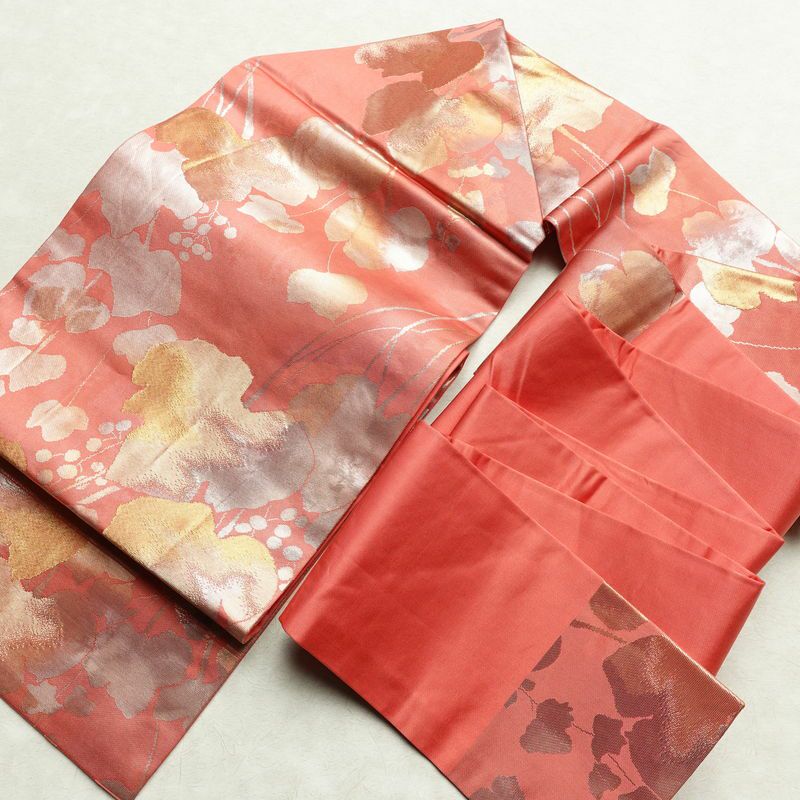 名古屋帯 六通柄 正絹 木の葉・植物柄 名古屋仕立て 箔 帯 ピンク_画像17