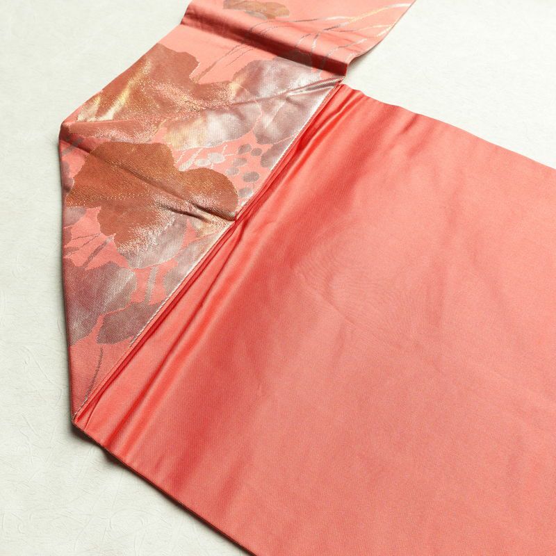 名古屋帯 六通柄 正絹 木の葉・植物柄 名古屋仕立て 箔 帯 ピンク_画像19