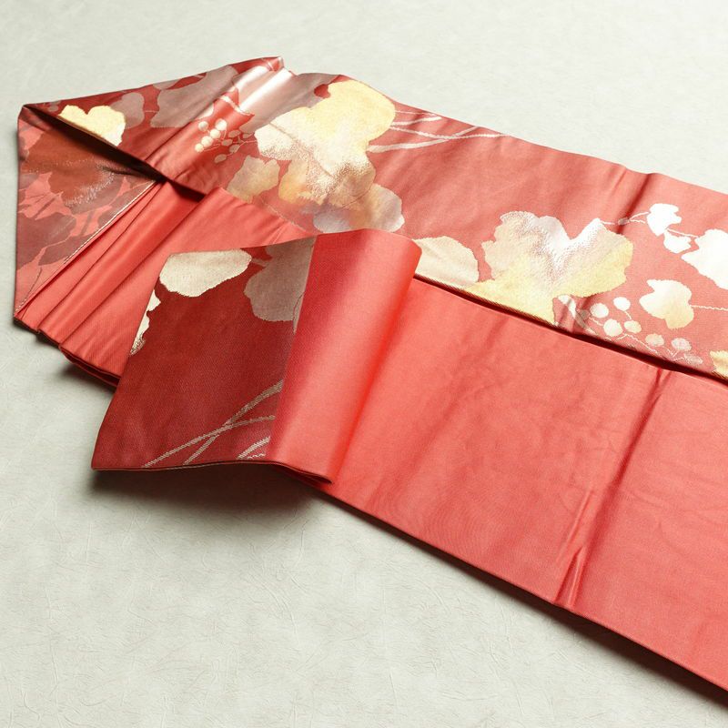 名古屋帯 六通柄 正絹 木の葉・植物柄 名古屋仕立て 箔 帯 ピンク_画像21