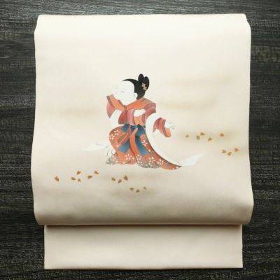 名古屋帯 太鼓柄 落款入り 正絹 人物・動物柄 名古屋仕立て 箔 帯 ピンク