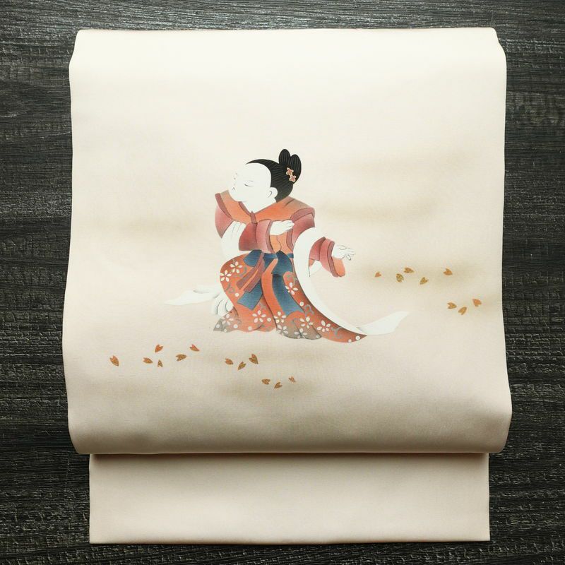 名古屋帯 太鼓柄 落款入り 正絹 人物・動物柄 名古屋仕立て 箔 帯 ピンク_画像1