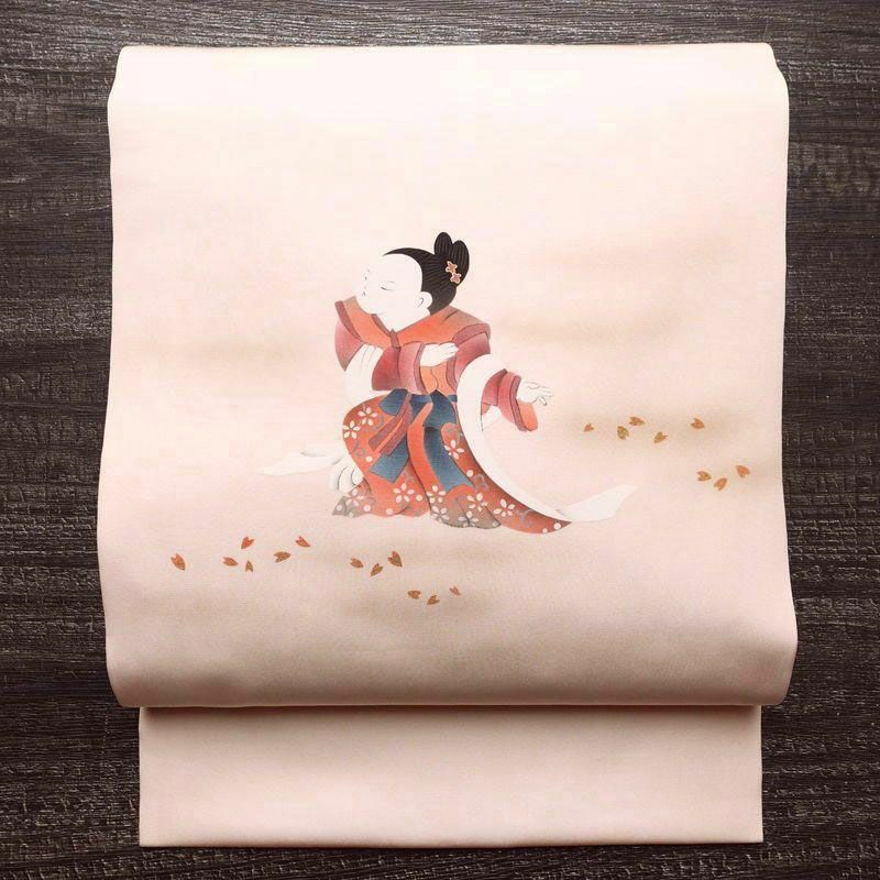 名古屋帯 太鼓柄 落款入り 正絹 人物・動物柄 名古屋仕立て 箔 帯 ピンク_画像1