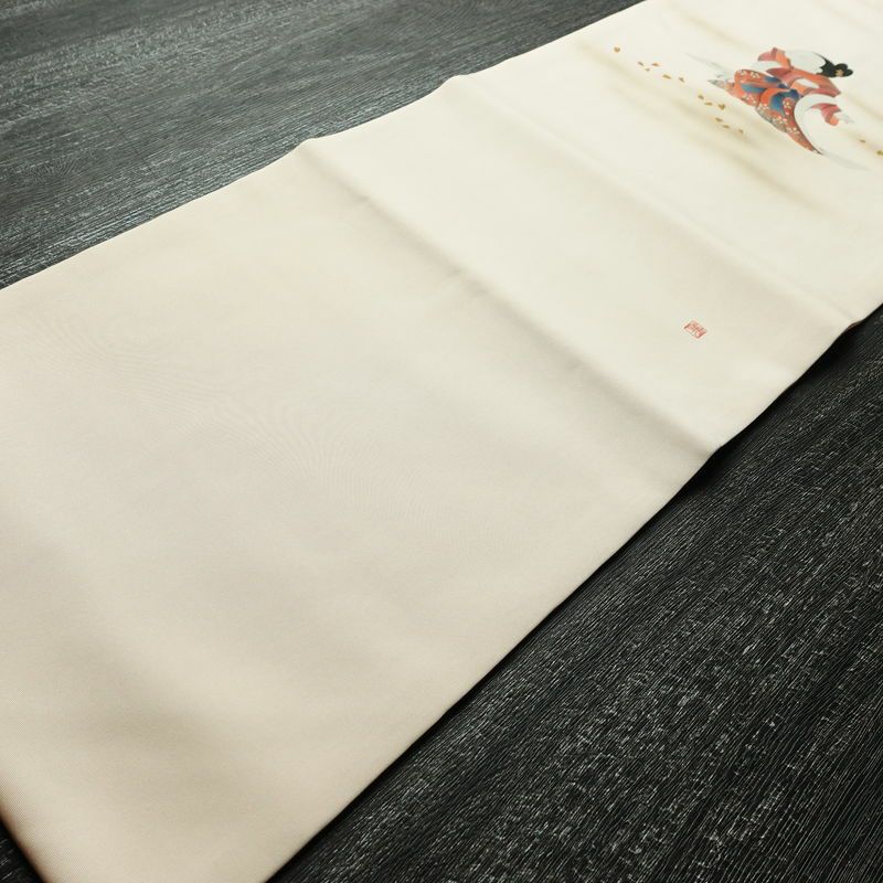 名古屋帯 太鼓柄 落款入り 正絹 人物・動物柄 名古屋仕立て 箔 帯 ピンク_画像8