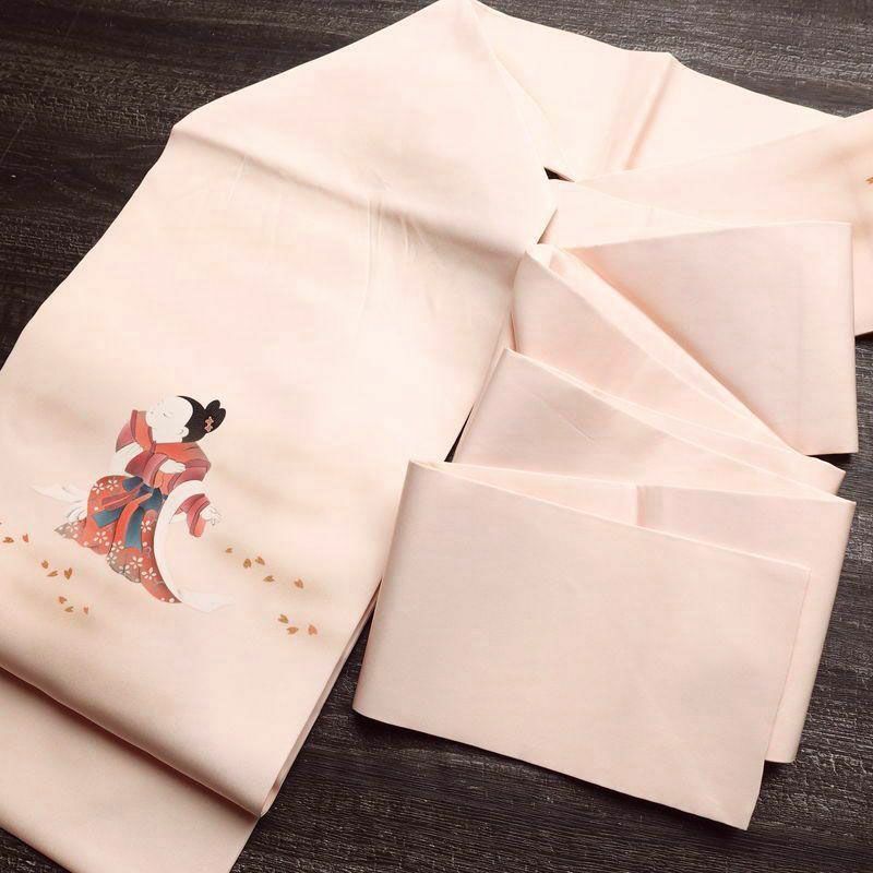 名古屋帯 太鼓柄 落款入り 正絹 人物・動物柄 名古屋仕立て 箔 帯 ピンク_画像18