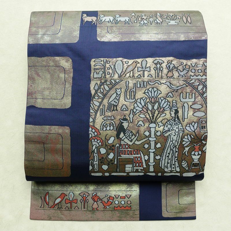 名古屋帯 六通柄 美品 正絹 人物・動物柄 名古屋仕立て 箔 帯 青・紺_画像1